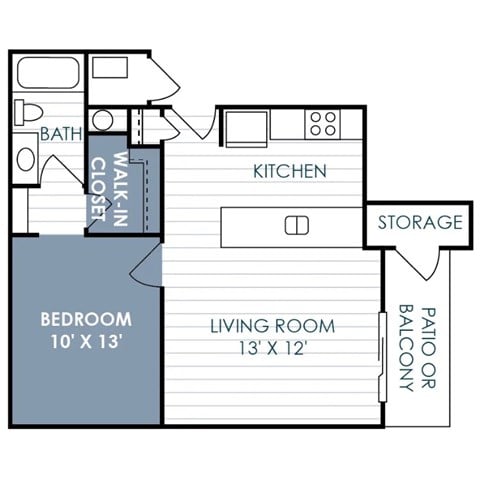 Floor plan for 1 bed, 1 bath, 538 sqft